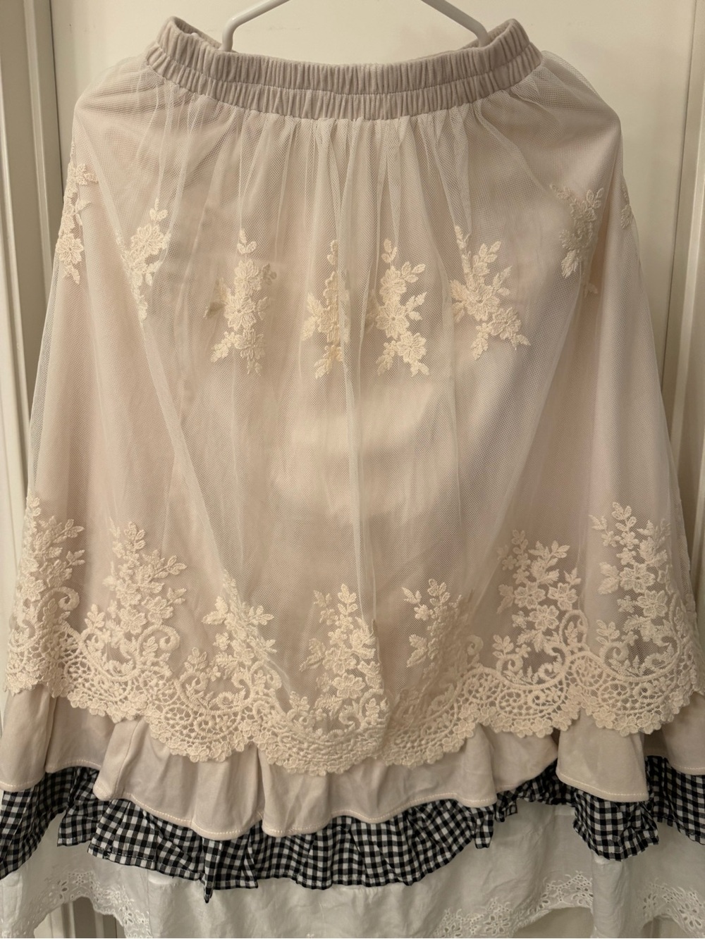Women's Lace Tulle Maxi Skirt with Gingham Ruffle